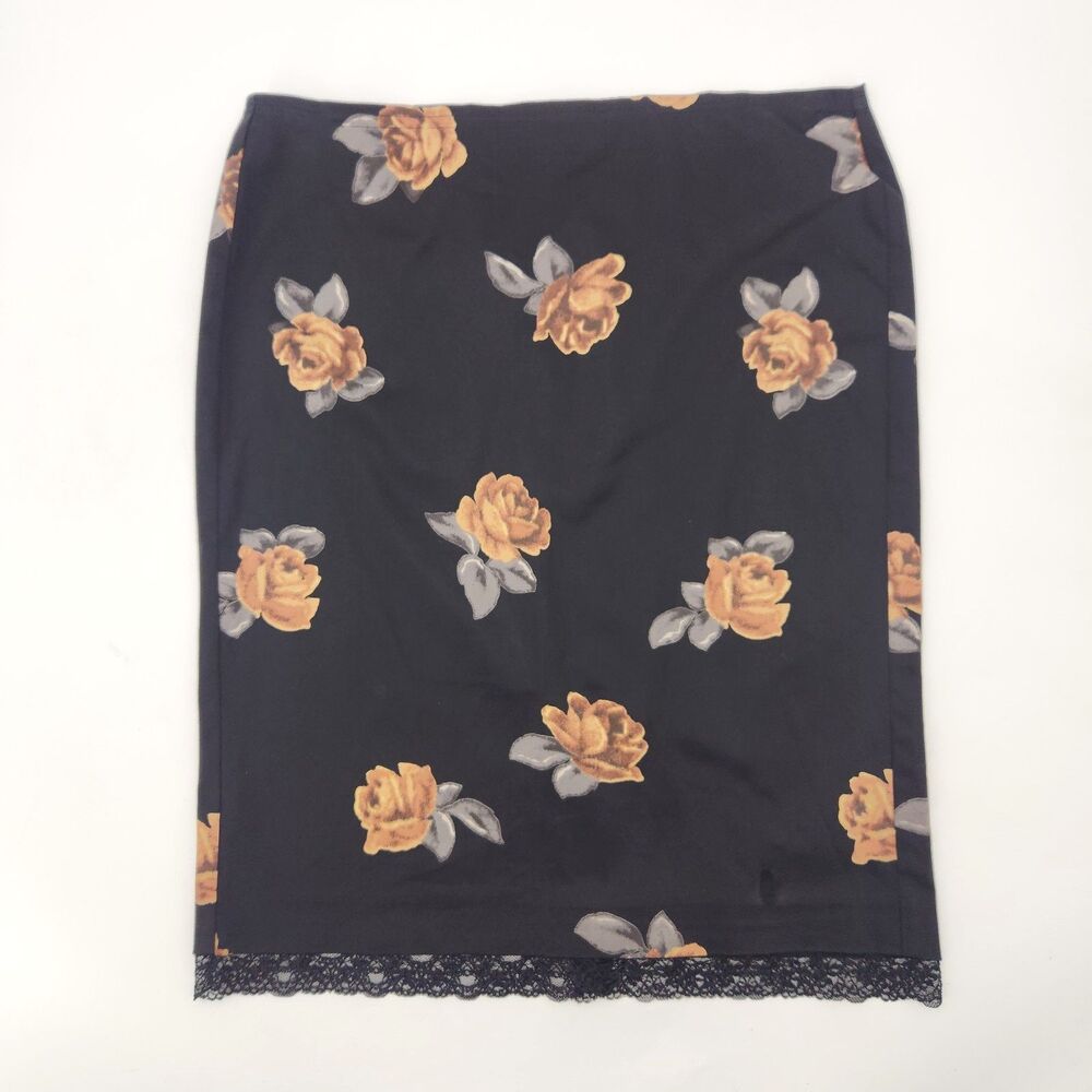 White House Black Market Lace Trim Skirt Size 8 Black Brown Floral Knee Length